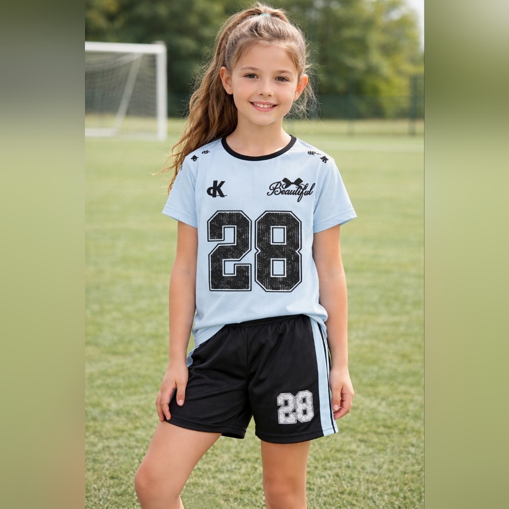 Girls Athletic 2-Piece Outfit‎ Set Size 160 Blue Jersey Style Top & Black Shorts